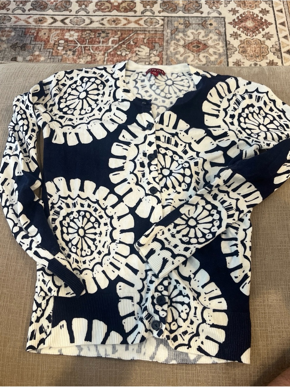 Merona Women's Geometric Knit Cardigan Sweater Navy/White Button-Front Xs